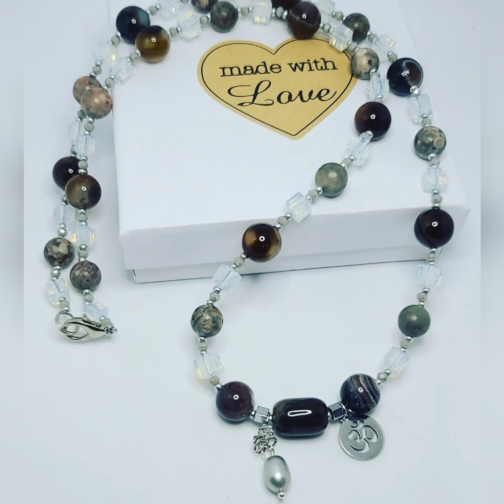 Black Agate, Jasper, Pearl and Om charm necklace